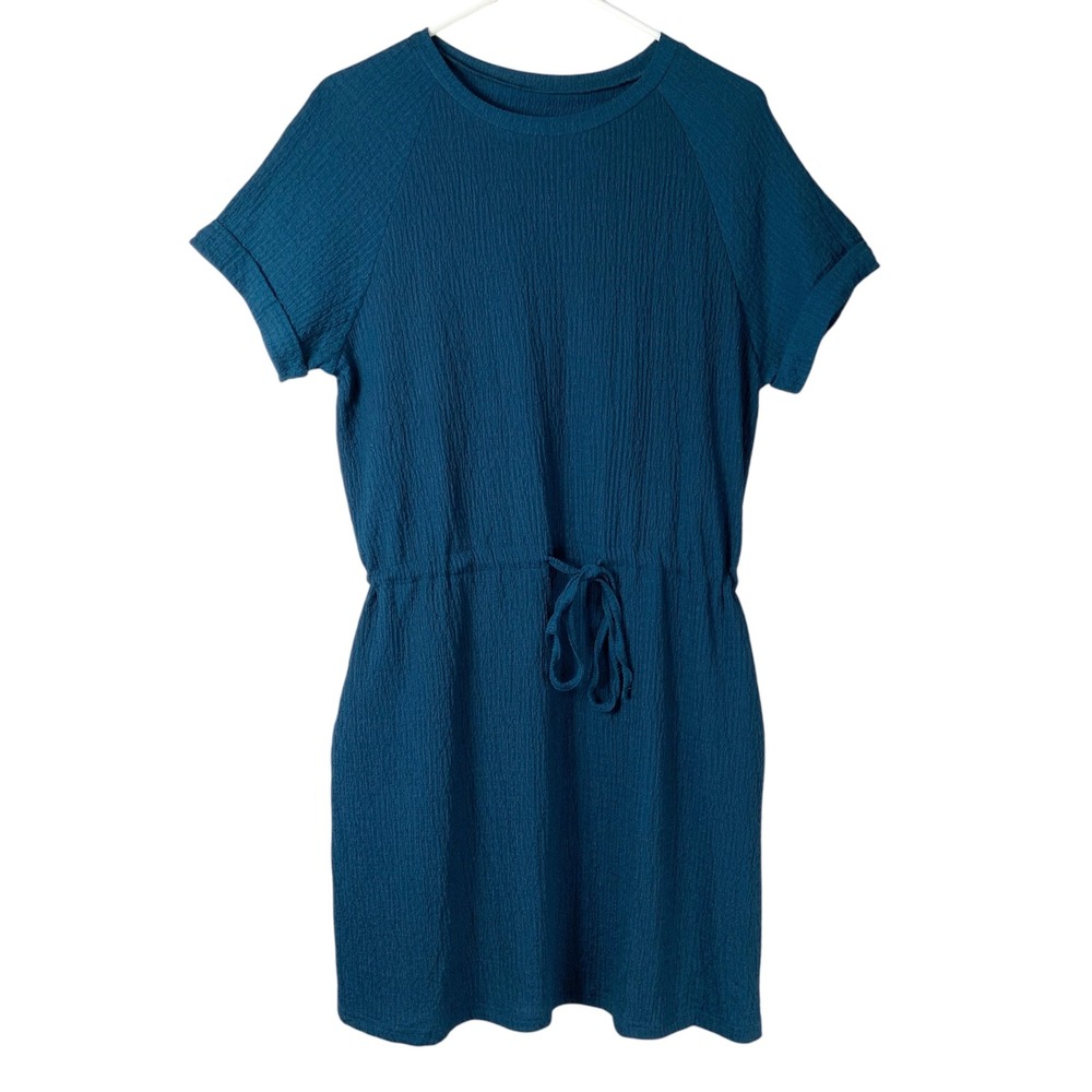 Cupshe Teal Blue Crinkle Mini Dress M Pullover Crew Neck Short Sleeve Tie Waist